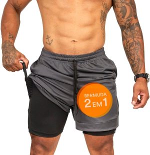 Shorts Duplo Masculino 2 em 1 Bermuda Dry Fit Treino Calção com Bolso Celular Academia Fitness Musculação CLICK MAGAZINE