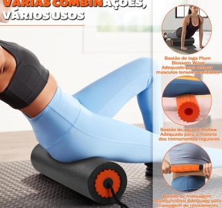 Rolo Liberação 3 em 1, Kit Liberação Miofascial Laranja e Preto com Bastão e Acessórios