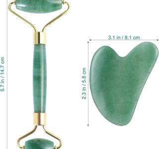 Rolo de jade para rosto, conjunto de pedras faciais naturais de jade, massageador de pele com ferramentas de raspagem Gua Sha