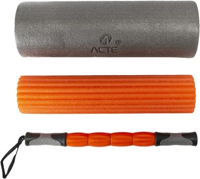 Acte, Rolo de Massagem 3 em 1 Liberação Muscular com Bastão e Acessórios T115, Laranja e Cinza
