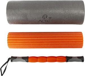 Acte, Rolo de Massagem 3 em 1 Liberação Muscular com Bastão e Acessórios T115, Laranja e Cinza