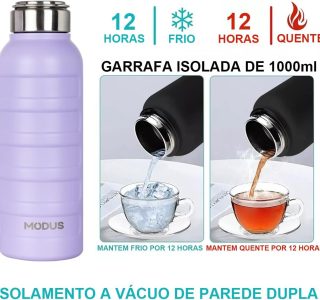 Garrafa de Água Térmica em Aço Inoxidável 1 Litro com Sistema Antivazamento e Alça em Inox (Roxo)