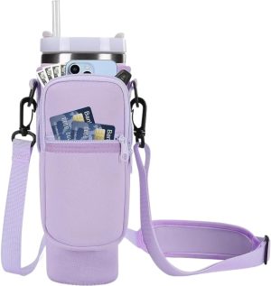 Bolsa Porta Garrafa, Squeeze, Copo Térmico Com Alça Ajustável Shoulder Bag com bolso para celular, de neoprene, com alça ajustável, tampa para canudo e mosquetão (Lilas)