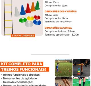 Kit Funcional 10 Pratos + 10 Cones + Escada Agilidade Com 7 Degraus Treino Futebol