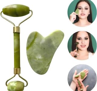 Massageador Facial 2 Em 1 Rolo de Jade + Pedra Gua Sha Redução de Rugas e Estresse Anti Rugas Anti Estresse Para um Skincare Completo Linha Premium