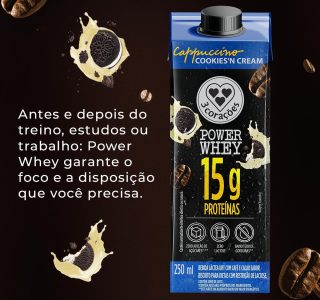3 Corações Bebida Láctea Cappuccino Power Whey Cookies n’Cream 15g de Proteína com Cafeína 250ml – 12 unidades