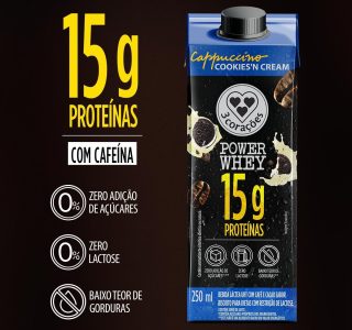3 Corações Bebida Láctea Cappuccino Power Whey Cookies n’Cream 15g de Proteína com Cafeína 250ml – 12 unidades