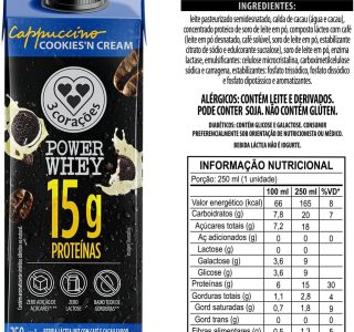 3 Corações Bebida Láctea Cappuccino Power Whey Cookies n’Cream 15g de Proteína com Cafeína 250ml – 12 unidades
