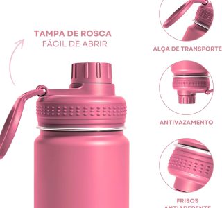 Garrafa Térmica Infantil – 350ml, Aço Inox 304 Parede Dupla de Isolamento 24horas Gelado, Tampa Rosca De Segurança, Anti Vazamento, Base Silicone AntiDerrapante, BPA Free (Phink)