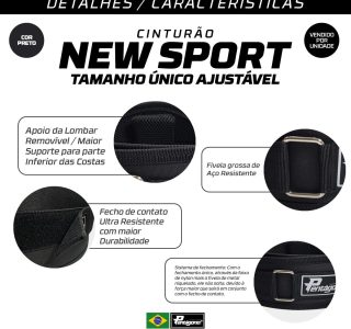 Cinturão Academia Tamanho Único Ajustável Pentágono New Sport, (Serve do PP ao GG), com Proteção Lombar e Fecho, Apoio Removível, Confortável e Seguro