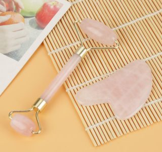 Rolo de Massagem de Quartzo Rosa – Cabeça Dupla Natural, Pedra de Jade, Placa de Raspagem, Kit de Ferramentas Faciais para Massagem Acupoint