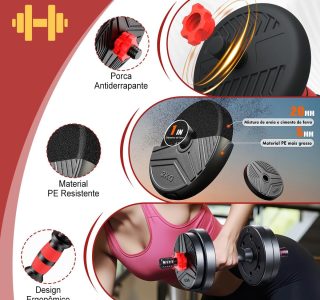 Kit Haltere 6 em 1 Ajustável para Musculação – 15kg Preto – Multifuncional com Barra e Kettlebell