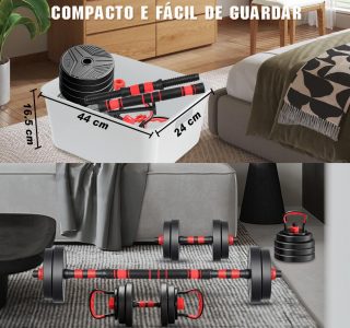 Kit Haltere 6 em 1 Ajustável para Musculação – 15kg Preto – Multifuncional com Barra e Kettlebell