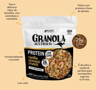 Hart’s Natural Granola Australia Low Carb Keto Protein Vanilla Almond Crunch, 26g de Proteína, Granola Sem Açucar, Sem Lactose, Sem Glúten, Vegano, 200g