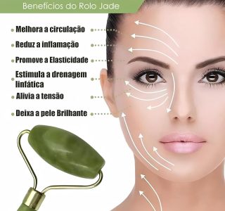 Massageador Facial 2 Em 1 Rolo de Jade + Pedra Gua Sha Redução de Rugas e Estresse Anti Rugas Anti Estresse Para um Skincare Completo Linha Premium