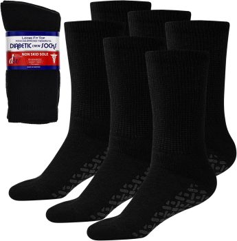 Meia Debra Weitzner antiderrapante com ajuste solto – Meias Diabéticas antiderrapantes para homens e mulheres – Crew, Tornozelo Pacote com 3, Crew Black With Grips, Sock size 10-13/